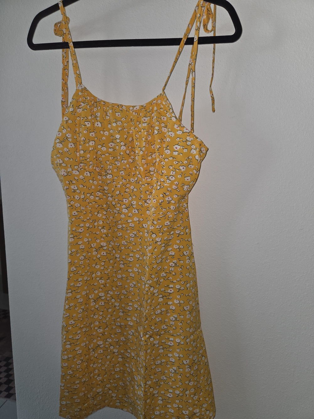 Yellow Ditsy Floral Mini Dress with Tie Straps & Ruched Bust - Picture 2 of 4